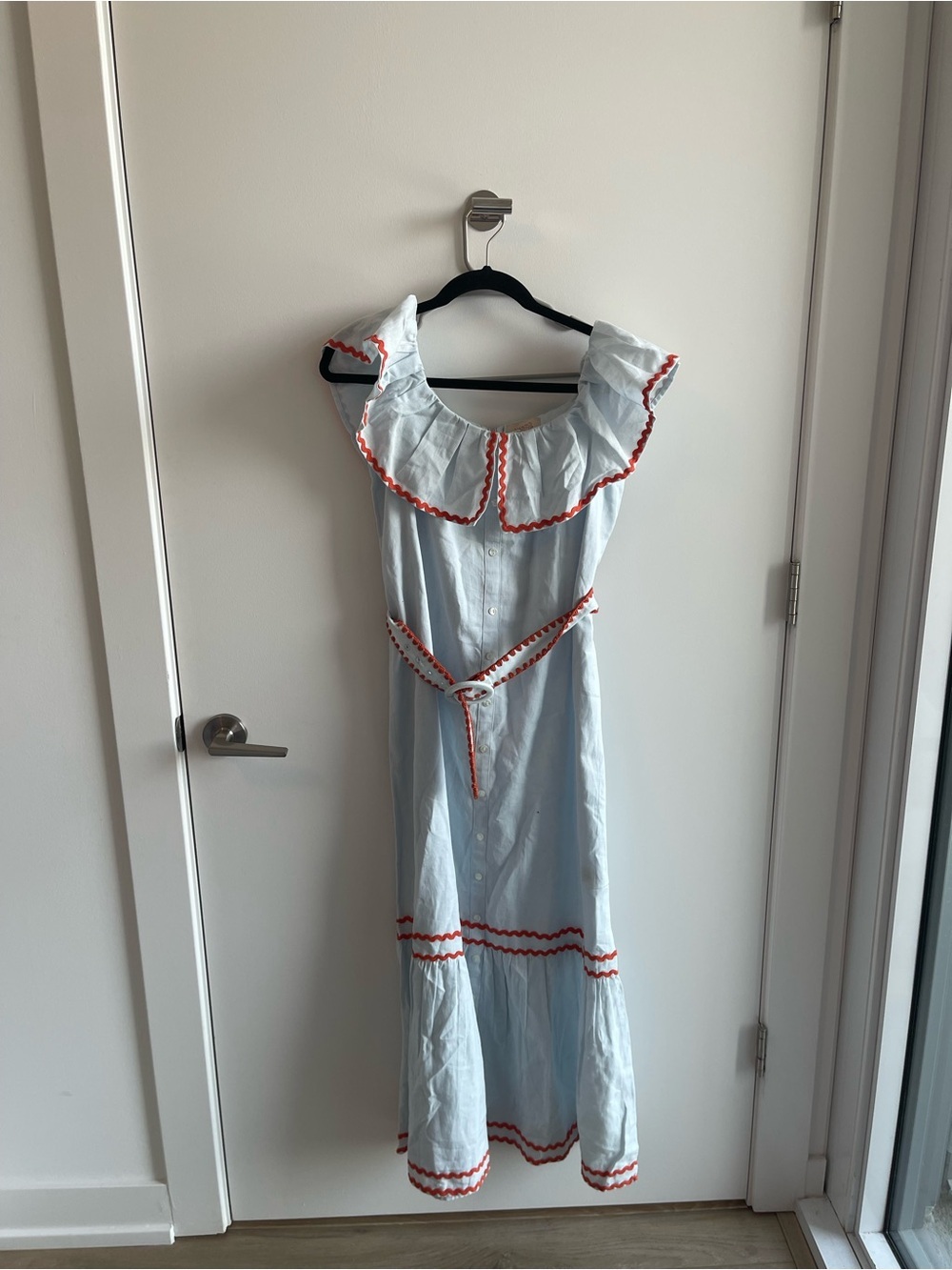 Masons Daughter Blue Orange Ric Rac Trim Linen Dress Belted
